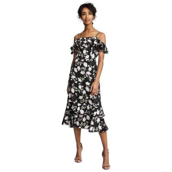 J.O.A. Eugenia Black Floral Print Off-the-Shoulder Midi Dress - Picture 2 of 8